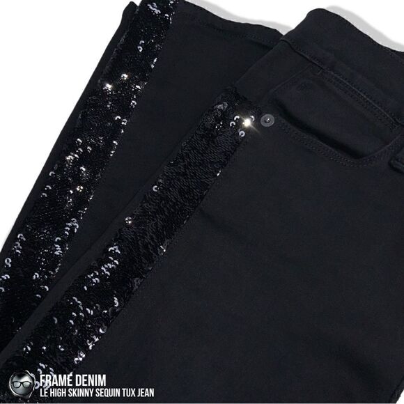FRAME DENIM LE HIGH SKINNY SEQUIN TUX STRIPE JEAN NOIR BLACK WOMEN’S SIZE 27 NWT - Picture 10 of 16